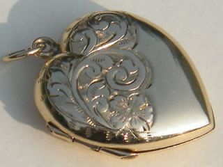  9K Gold Floral & Scroll Engraved Heart Locket & Chain C.1901