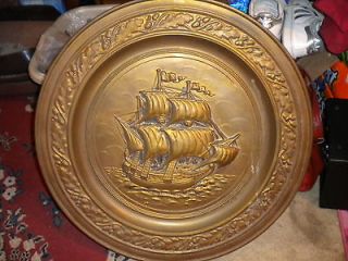 Older HAMMERED BRASS ROUND WALL DECOR 23 TRAY WITH Sailboat Lombart 