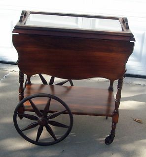 ANTIQUE MAHOGANY TEA CART WITH SEPARATE REMOVABLE GLASS SERVING TRAY 