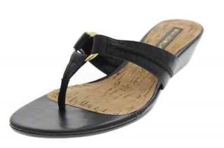 Bandolino NEW Fayette Black Leather O Ring Wedge Thong Sandals Shoes 