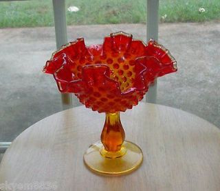 FENTON HOB NAIL AMBERINA RED CRIMPED COMPOTE CANDY DISH MINT