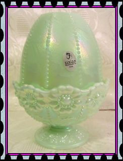 1988 Fenton Glass Iridized Sea Green Satin Beaded Floral Fairy Lamp