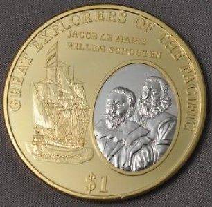 2009 Fiji Large Gold/Rhodium plated $1 Pacific Explorers/Ship Le Maire 