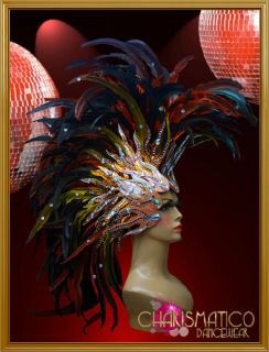 Charismatico GOLD Orange Mohawk Drag Queen Fancy Feather Headdress