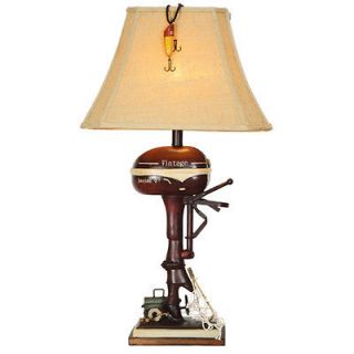 Boat Motor Table Lamp, Vintage, 32in, Antique Red, Linen Shade 