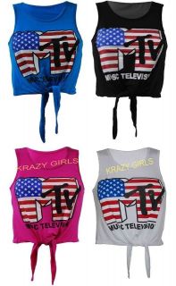 New Ladies MTV American Flag Print Crop Top with Tie at Front, Size ,S 