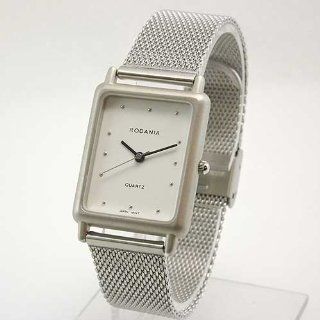 RODANIA Mens Rectangular Silver Tone Mesh Bracelet Watch with White 