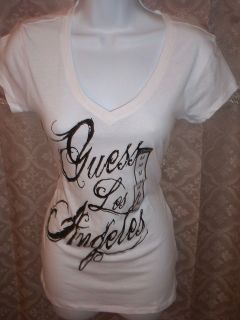 NWT GUESS Cotton T  shirt white w/ black sparkly logo  V neck sz M 