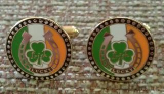 IRISH Horseshoe Shamrock LUCKY Gold Coins Ireland Flag Cuff Links