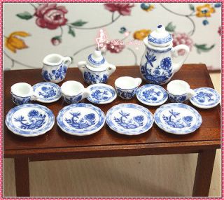Dollhouse Miniature 112 Toy 17 Pcs Blue Flower Porcelaine Tea Set 