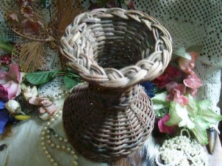 Antique Vintage DARK WOVEN Wicker VASE Basket URN Pot BELLY Weaving 