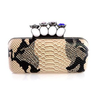Snake Skin Evening Clutch with Black Satin Skull Ring Knuckle Duster 