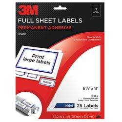 3M White Inkjet Permanent Full Sheet Labels 8 12 x 11 Pack Of 25 by 