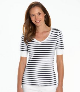 Double L Rib Knit Tee, Elbow Sleeve V Neck Stripe Tees and Tops 