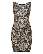 Gold (Gold) Red Label Black and Gold Baroque Print Bodycon Dress 