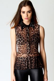  Sale  Tops  Kimberly Leopard Stud Collar Shirt