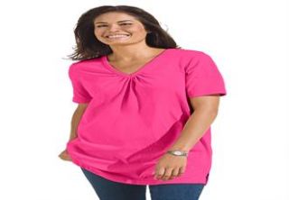 Plus Size Top in tunic length, the Perfect cotton V neck with shirring 