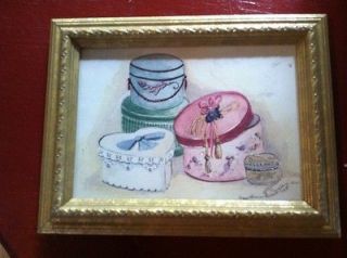HOME DECOR/ SMALL DECORATIVE PRINT OLD FASHIONED HAT BOXES IN A FRAME