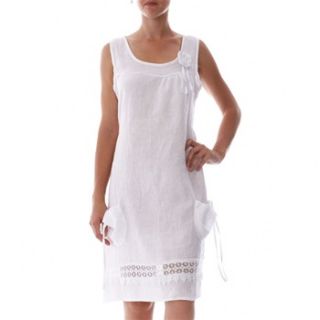 100% lin White Applique Linen Shift Dress