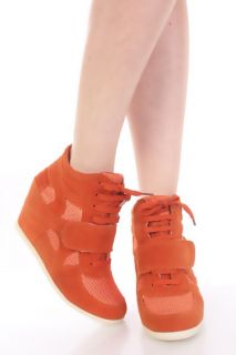 Orange Fabric Perforated Closed Toe Sneaker Wedges @ Amiclubwear 