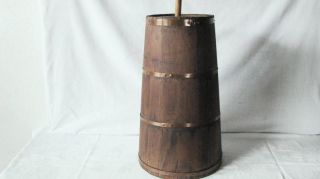 ANTIQUE CLASSIC LARGE OLD BRASS BANDED WOOD SLAT BUTTER CHURN WITH 