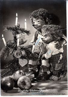 RPPC German Mecki Hedgehog Dad Son Tree candles apples Steiff toy 