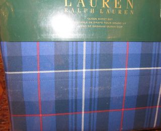 Ralph Lauren Blue Tartan Plaid Queen Sheets 1Q NEW FREE SHIPPING