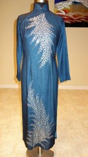   Ao Dai M Dark Blue Hand Painted Details With Glitters Tailor made
