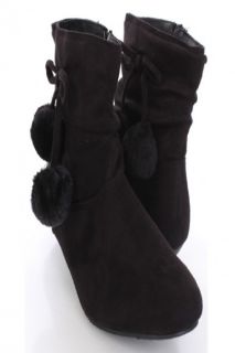 Home / Black Faux Suede Side Pom Pom Bow Ankle Booties