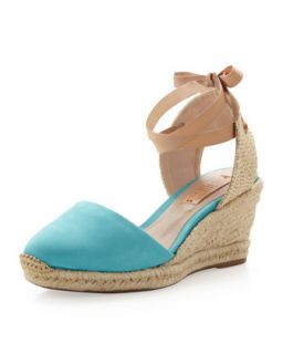 Suede Ankle Wrap Espadrille Wedge, Blue   