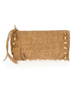 Two Compartment Crocodile Embossed Suede Clutch Bag, Natural   Last 