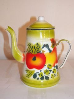   Vintage Painted Fruit Enamelware Teapot Coffee Pot 8 Graniteware