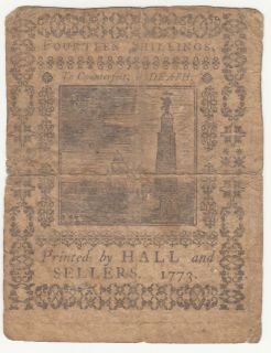 1773 PENNSYLVANIA FOURTEEN SHILLINGS NOTE with Certificate of 
