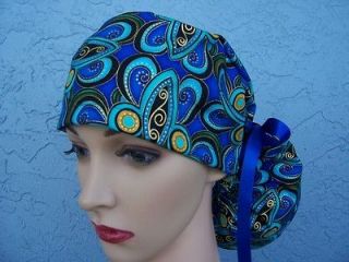   Surgical scrub hat   Plume   Peacock Medallions   Royal Blue/Gold