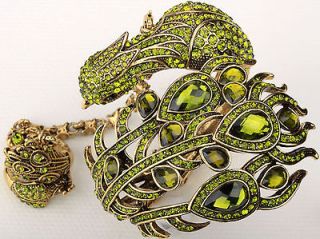 Gold green crystal slave peacock bracelet ring set 2;buy 10 items free 