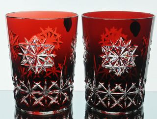 Waterford Ruby Red Cut to Clear Snow Crystals DOF Whiskey Glasses Mint 