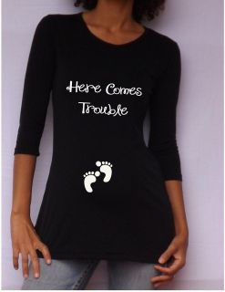 NEW Funny Black Maternity Tee Tshirt/Top  Here comes Trouble Size M 