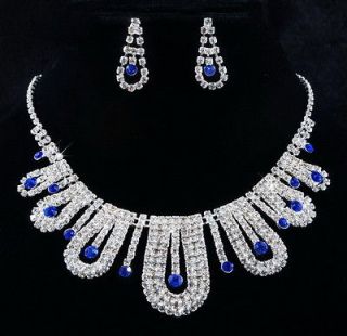   bridal rhinestone crystal necklace earring jewelry set blue W20775