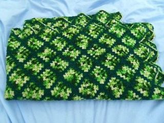   Green White Hand Crochet Granny Square Afghan Throw 56x45 vtg