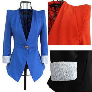 Spring Lady Women Peak Power Shoulder Lace Sleeve Suit Blazer Jacket 