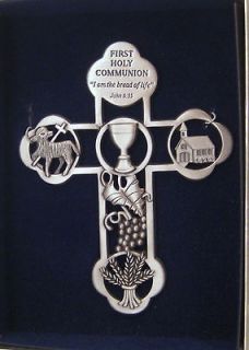 First Holy Communion CROSS Pewter NEW Lamb Grapes Church Wall Decor 