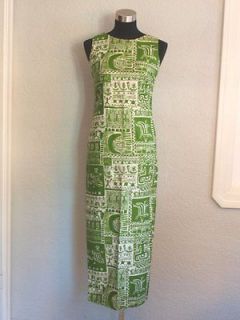 Vtg 70s Green & White TIKI MOD Hawaiian Long Dress by Talima sz S