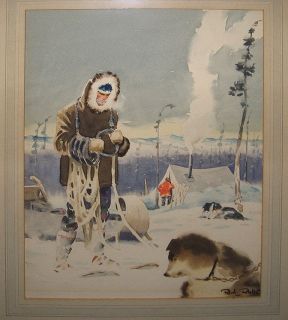 Husky Sled Dogs in Alaska Wilderness 40s Original WC Listed Artist 