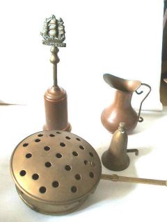 Miniature Brass Nut Roaster With Candle Snuffer & Copper Jug & Brush