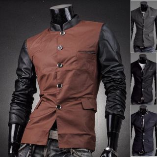 3mu Mens Slim Fit Jacket Blazer Coat Shirt PU Faux Leather Sleeve XS S 