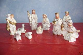   china Nativity set Jesus Mary Joseph items white iridescent EUC