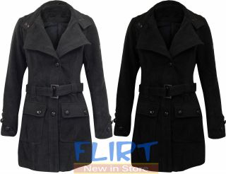 Women Belted Button Up Jacket Ladies Warm Coat Military Style Winter 