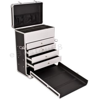ROLLING MAKEUP TRAIN CASE WITH DRAWERS JEWELRY C600 BLACK ALUMINUM 