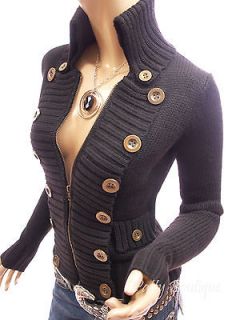 Smart Black Buttons Embellished Zip Front Military Cardigan Sweater 