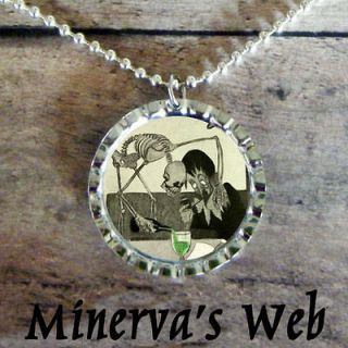 ABSINTHE and DEATH Bottle Cap Pendant Art Necklace by Minervas Web